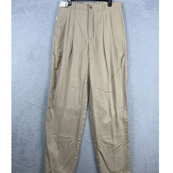 Perry‎ Ellis Dress Pants Mens 34X34L Long Tan Pleated Straight Fit Pockets NEW - Picture 1 of 9